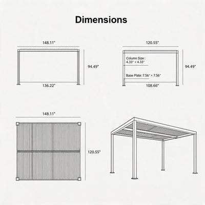 PURPLE LEAF Athena – Pergola extérieure grise en aluminium à lames orientables avec paroi à volets, réglable et étanche à la pluie
