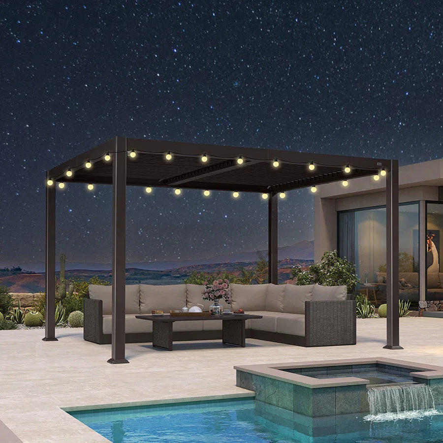 PURPLE LEAF Caesar – Pergola extérieure moderne en aluminium à lames orientables réglables avec éclairage jaune