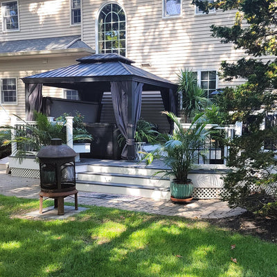 PURPLE LEAF – Pavillon de terrasse pour jardin, toit rigide gris en acier galvanisé avec rideau amélioré