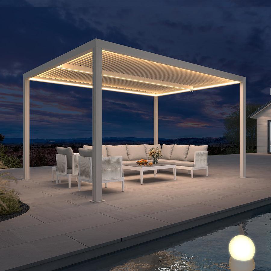 PURPLE LEAF Athena – Pergola extérieure blanche en aluminium à lames orientables avec rubans lumineux et toit réglable