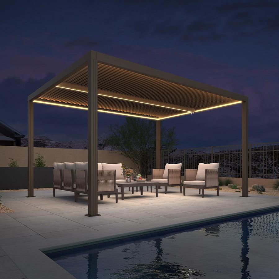 PURPLE LEAF Athena – Pergola extérieure bronze en aluminium à lames orientables avec rubans lumineux et toit réglable