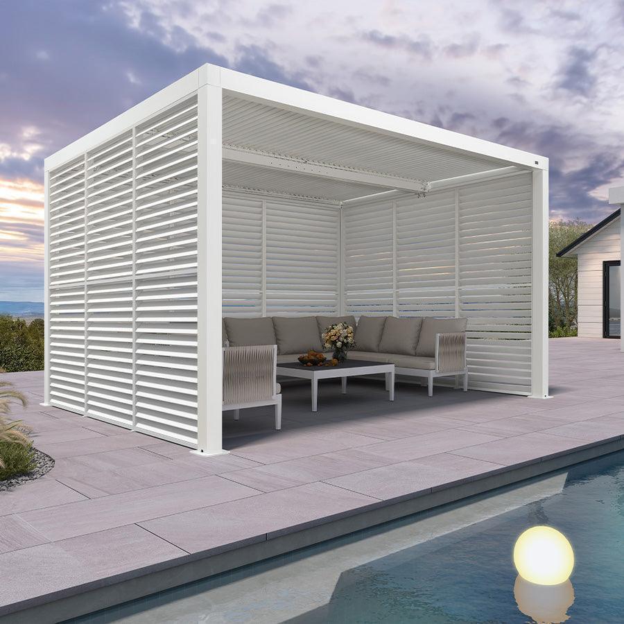 PURPLE LEAF Athena – Pergola extérieure blanche en aluminium à lames orientables avec paroi à volets, réglable et étanche à la pluie