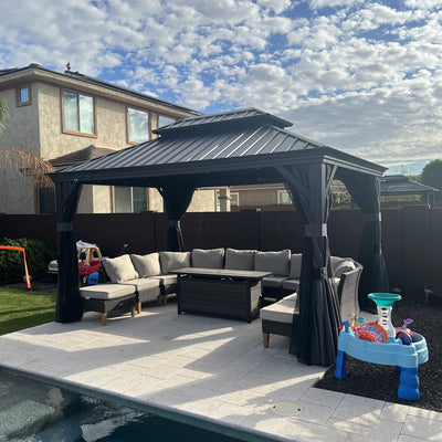 PURPLE LEAF – Pavillon de terrasse pour jardin, toit rigide gris en acier galvanisé avec rideau amélioré
