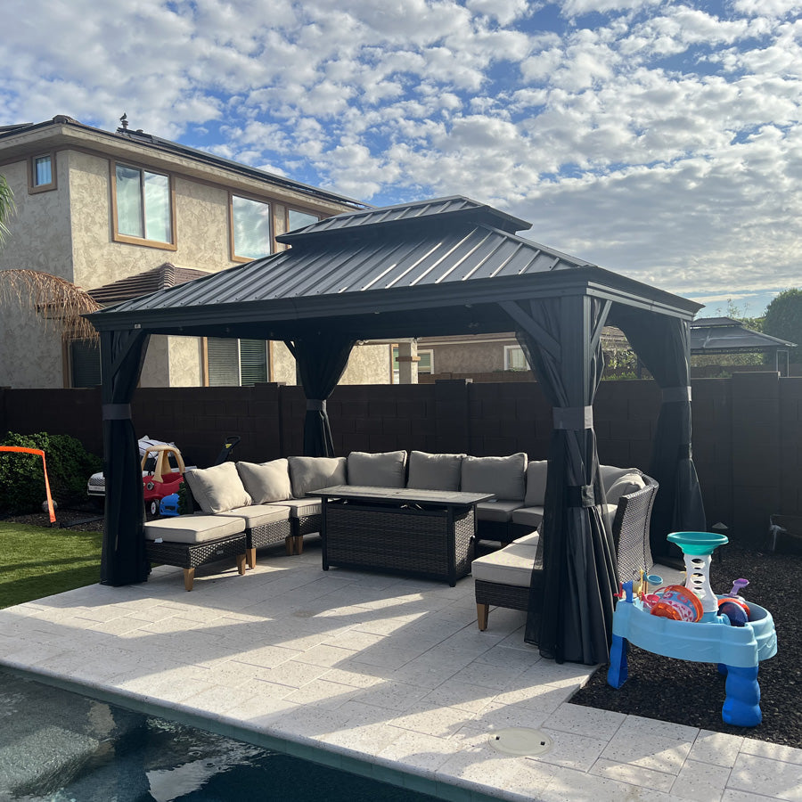 PURPLE LEAF – Pavillon de terrasse pour jardin, toit rigide gris en acier galvanisé avec rideau amélioré