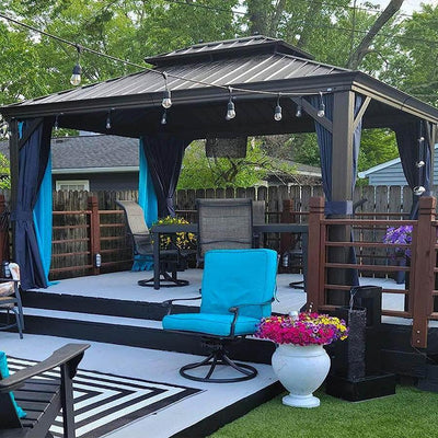 PURPLE LEAF – Pavillon extérieur à toit rigide pour terrasse, structure en aluminium bronze avec rideau bleu marine