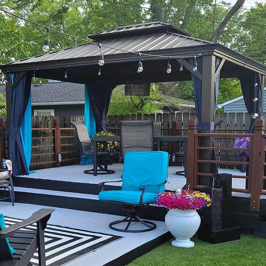 PURPLE LEAF – Pavillon extérieur à toit rigide pour terrasse, structure en aluminium bronze avec rideau bleu marine