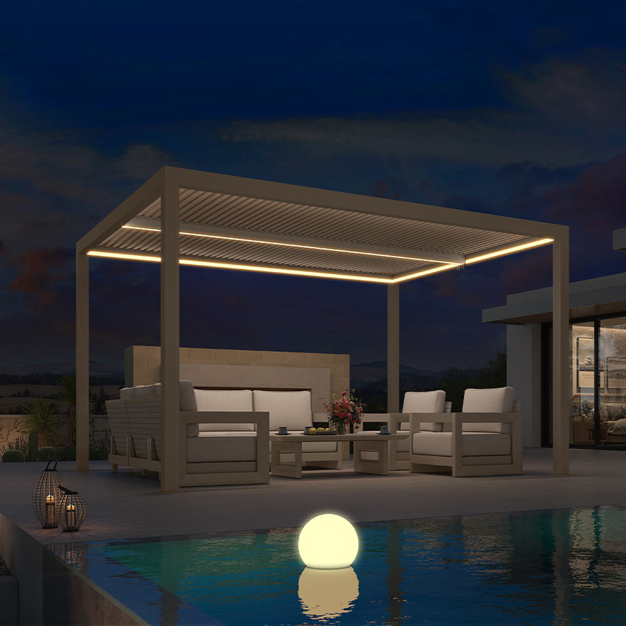 PURPLE LEAF Athena – Pergola extérieure Champagne en aluminium à lames orientables avec rubans lumineux et toit réglable