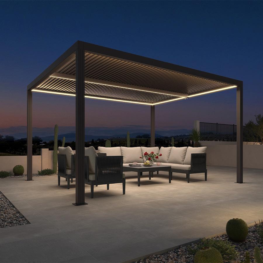 PURPLE LEAF Athena – Pergola extérieure grise en aluminium à lames orientables avec rubans lumineux et toit réglable