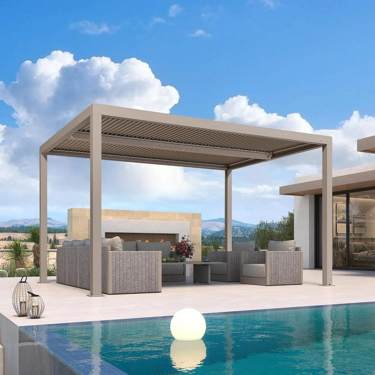 PURPLE LEAF Athena – Pergola moderne Champagne à lames orientables avec toit réglable pour terrasse et jardin