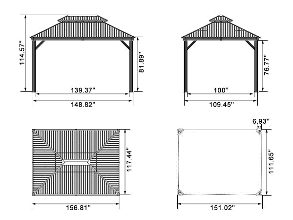 PURPLE LEAF – Pavillon de terrasse pour jardin, toit rigide gris en acier galvanisé avec rideau amélioré