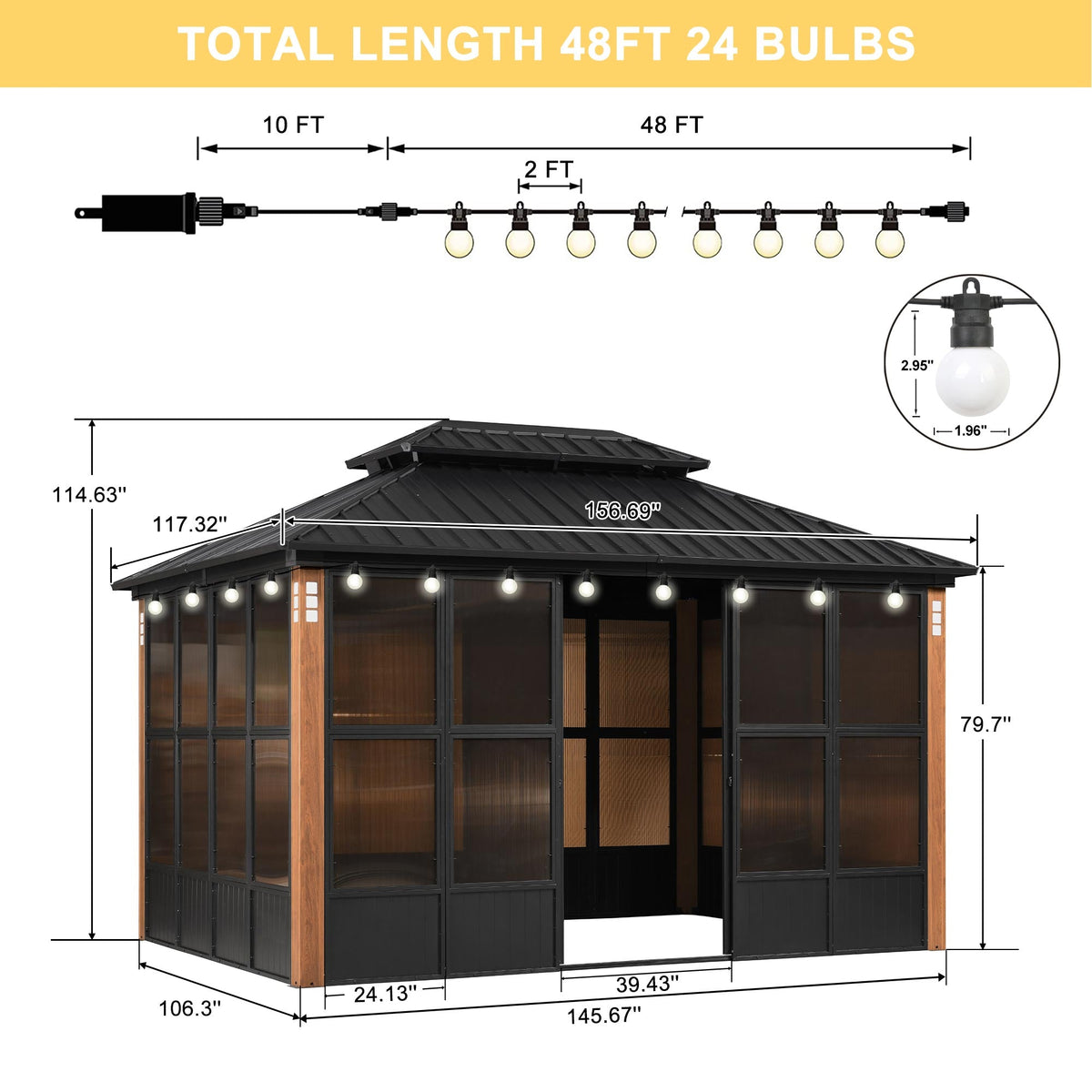 PURPLE LEAF – Pavillon-solarium à toit rigide avec colonnes effet bois, structure noire, double toit en acier galvanisé et guirlande lumineuse