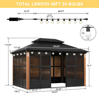 PURPLE LEAF – Pavillon-solarium à toit rigide avec colonnes effet bois, structure noire, double toit en acier galvanisé et guirlande lumineuse