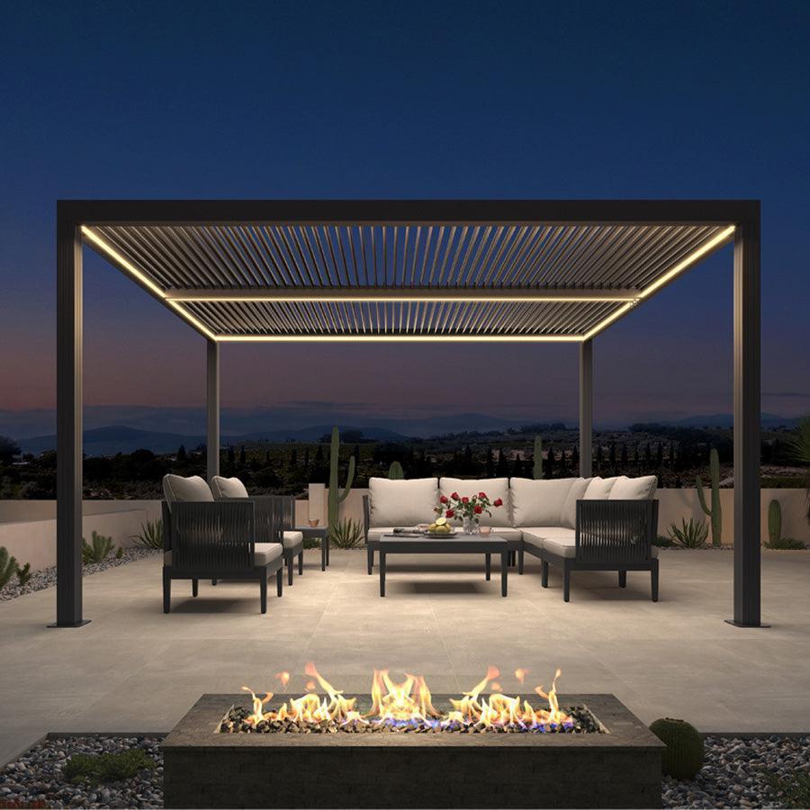 PURPLE LEAF Athena – Pergola extérieure grise en aluminium à lames orientables avec rubans lumineux et toit réglable