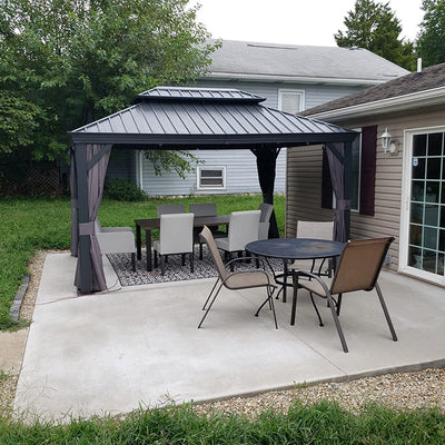PURPLE LEAF – Pavillon de terrasse pour jardin, toit rigide gris en acier galvanisé avec rideau amélioré
