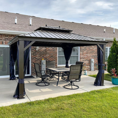 PURPLE LEAF – Pavillon extérieur à toit rigide pour terrasse, structure en aluminium bronze avec rideau bleu marine