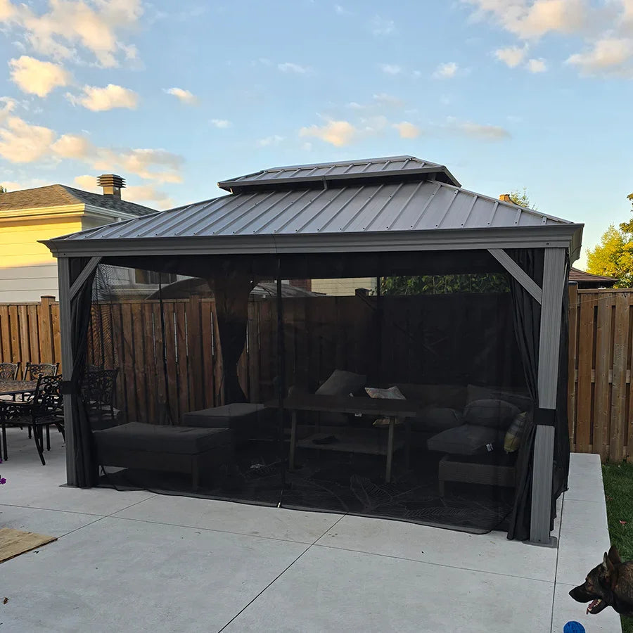 PURPLE LEAF – Pavillon de terrasse pour piscine, toit rigide gris clair en acier galvanisé avec rideaux améliorés