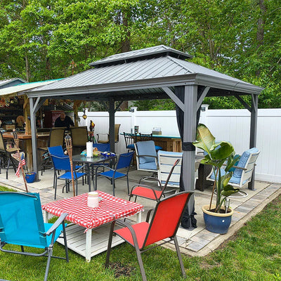 PURPLE LEAF – Pavillon de terrasse pour piscine, toit rigide gris clair en acier galvanisé avec rideaux améliorés