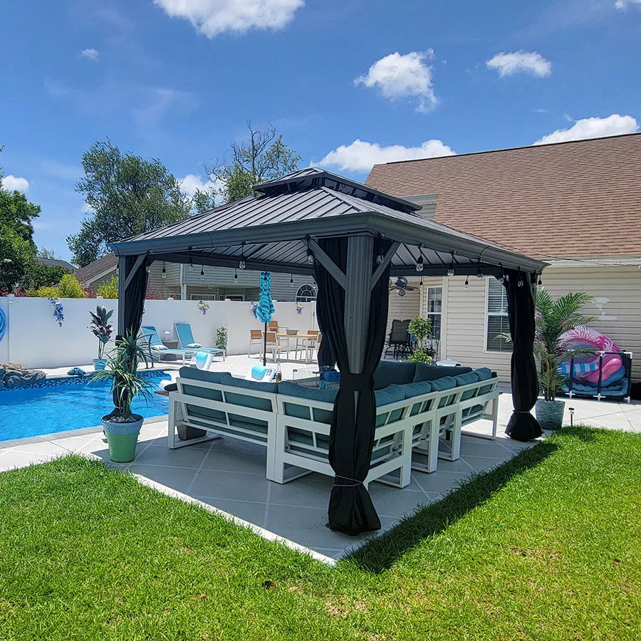 PURPLE LEAF – Pavillon de terrasse pour piscine, toit rigide gris clair en acier galvanisé avec rideaux améliorés