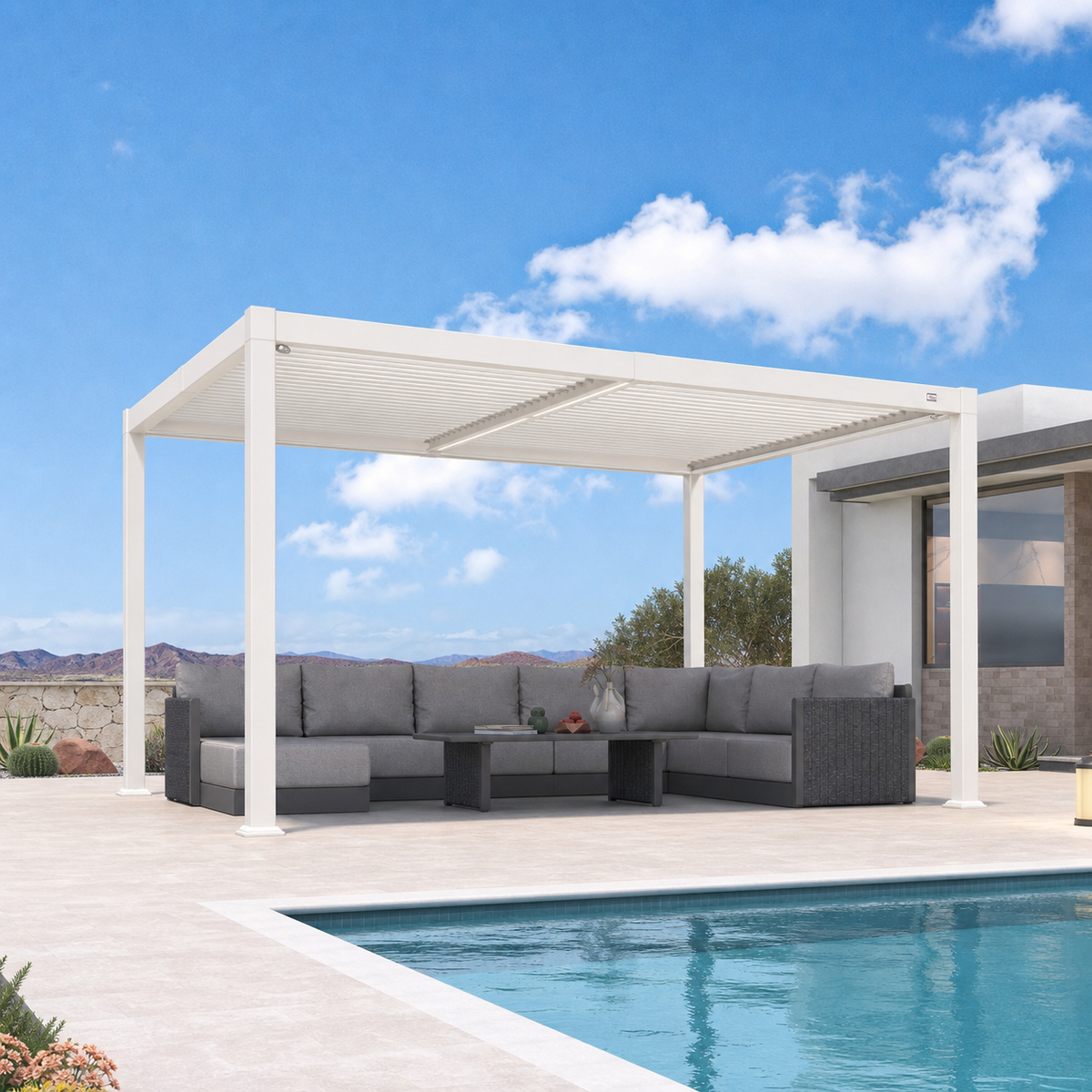 PURPLE LEAF Caesar LED – Pergola à lames orientables en aluminium avec rubans solaires intégrés, lames réglables et résistance au vent, blanc