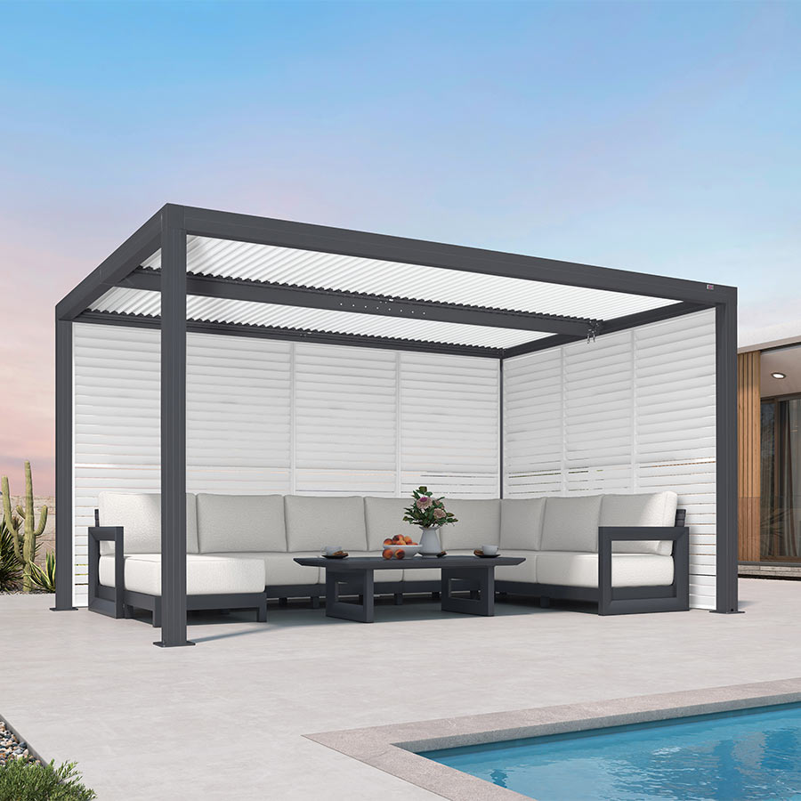 PURPLE LEAF Athena – Pergola extérieure grise en aluminium à lames orientables avec paroi à volets, réglable et étanche à la pluie
