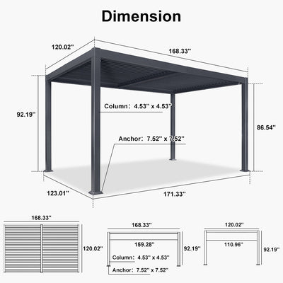 PURPLE LEAF Caesar – Pergola extérieure à lames orientables avec toit rigide réglable, gris
