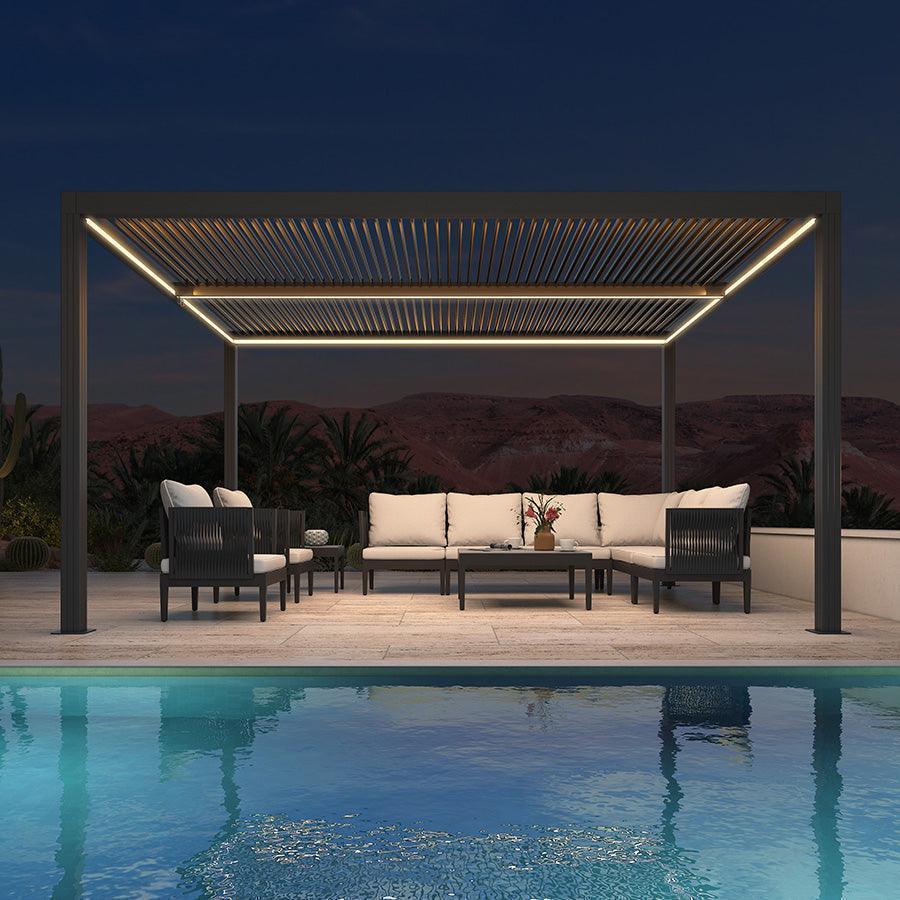 PURPLE LEAF Athena – Pergola extérieure grise en aluminium à lames orientables avec rubans lumineux et toit réglable