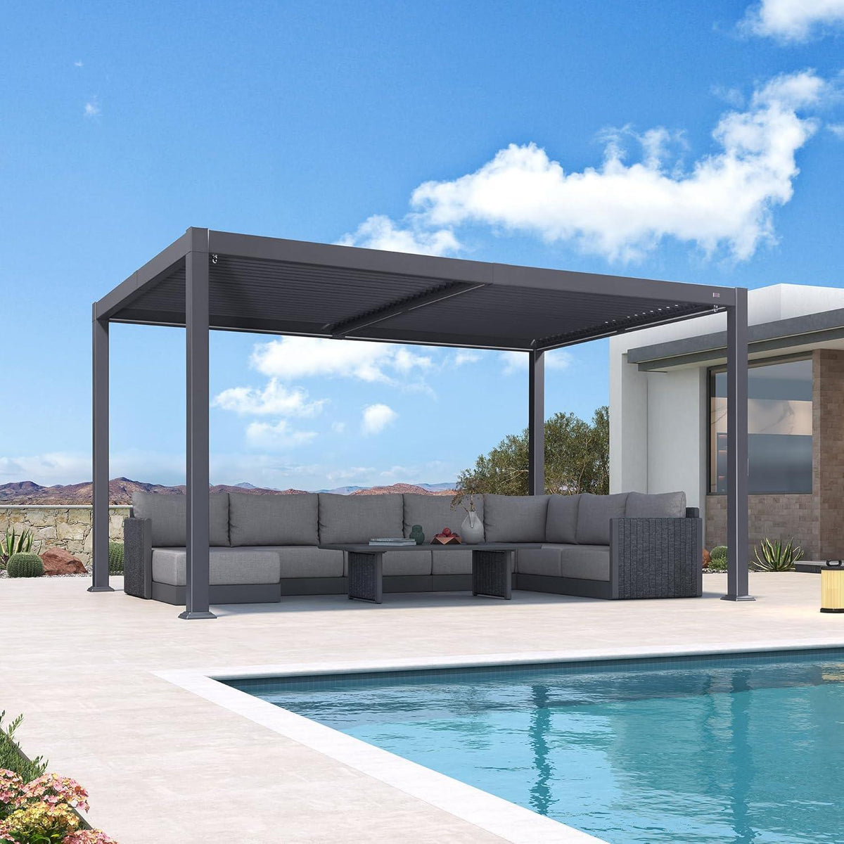 PURPLE LEAF Caesar – Pergola solaire en aluminium à lames orientables avec rubans LED, panneau de commande et toit réglable, gris