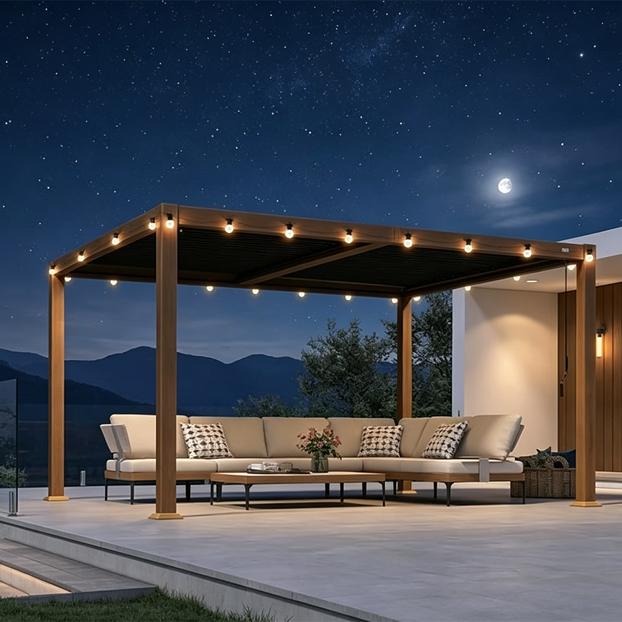 PURPLE LEAF Caesar – Pergola en aluminium à lames orientables avec éclairage jaune, structure effet bois, toit gris rigide et réglable