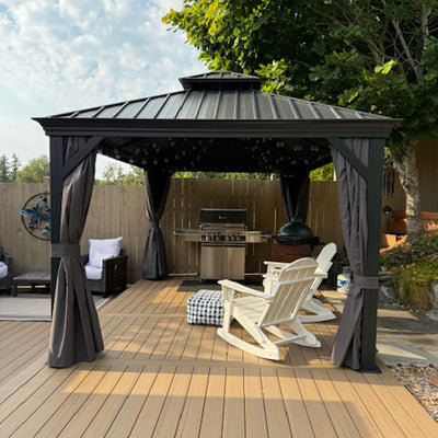 PURPLE LEAF – Pavillon de terrasse pour jardin, toit rigide gris en acier galvanisé avec rideau amélioré
