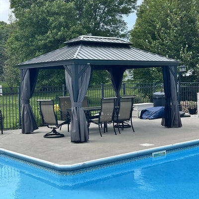 PURPLE LEAF – Pavillon de terrasse pour jardin, toit rigide gris en acier galvanisé avec rideau amélioré