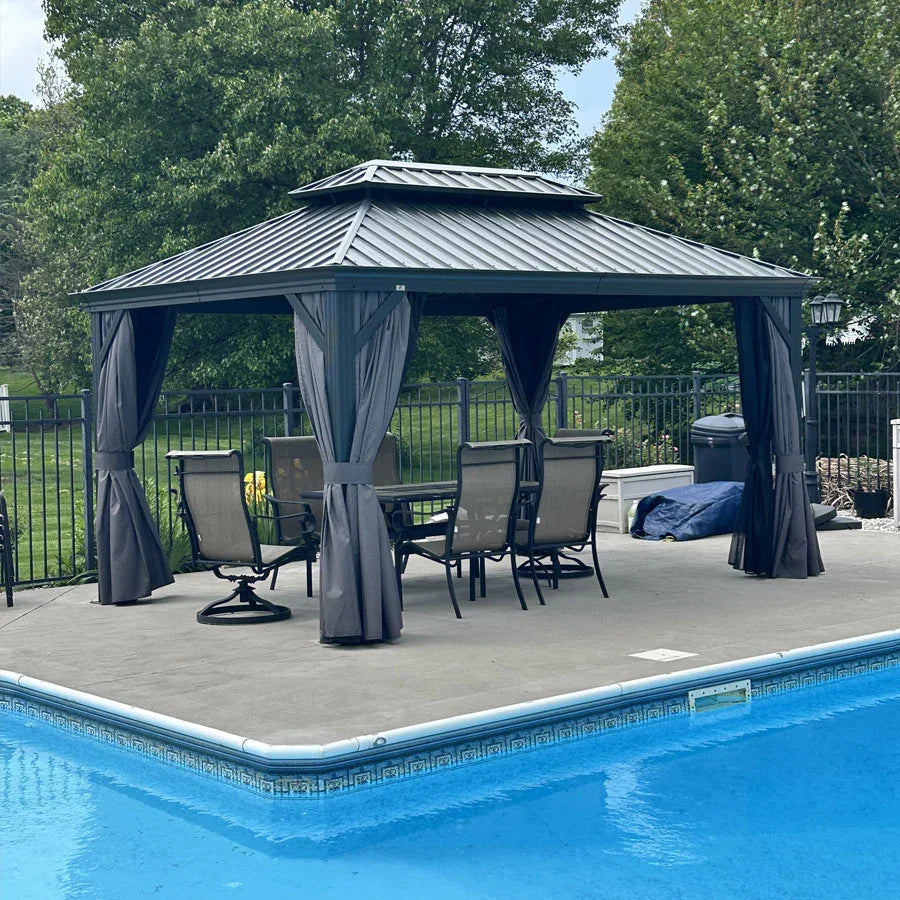 PURPLE LEAF – Pavillon de terrasse pour jardin, toit rigide gris en acier galvanisé avec rideau amélioré
