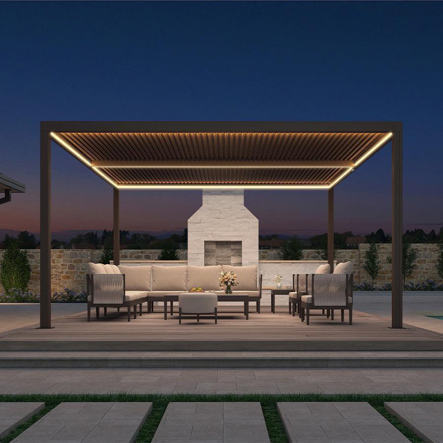 PURPLE LEAF Athena – Pergola extérieure bronze en aluminium à lames orientables avec rubans lumineux et toit réglable