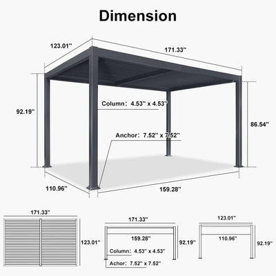 PURPLE LEAF Caesar – Pergola extérieure à lames orientables avec toit rigide réglable, gris