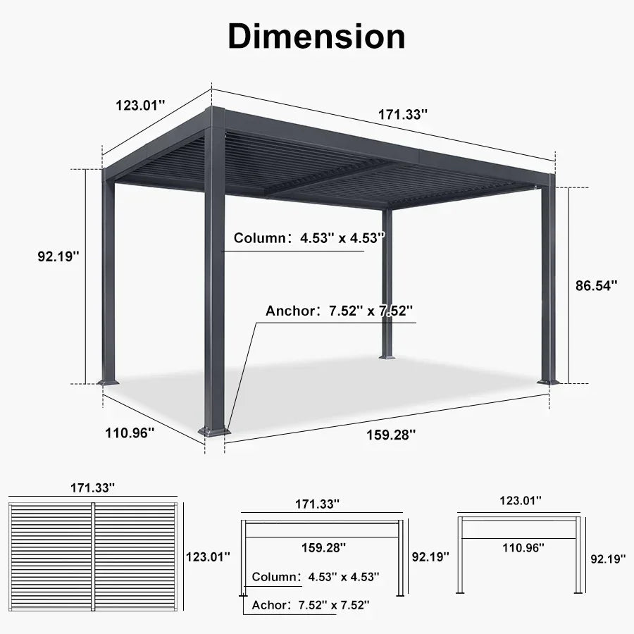 PURPLE LEAF Caesar – Pergola extérieure à lames orientables avec toit rigide réglable, gris
