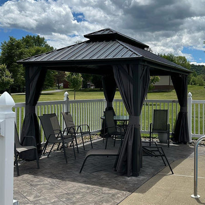 PURPLE LEAF – Pavillon de terrasse pour jardin, toit rigide gris en acier galvanisé avec rideau amélioré