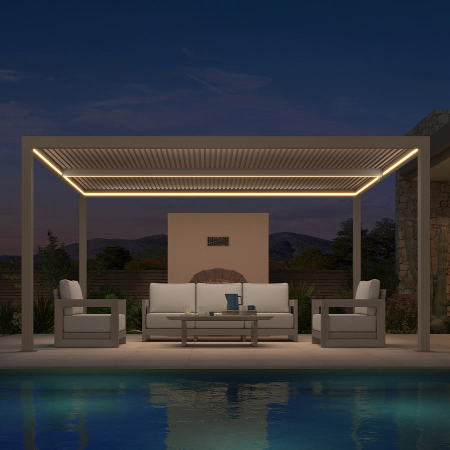 PURPLE LEAF Athena – Pergola extérieure Champagne en aluminium à lames orientables avec rubans lumineux et toit réglable