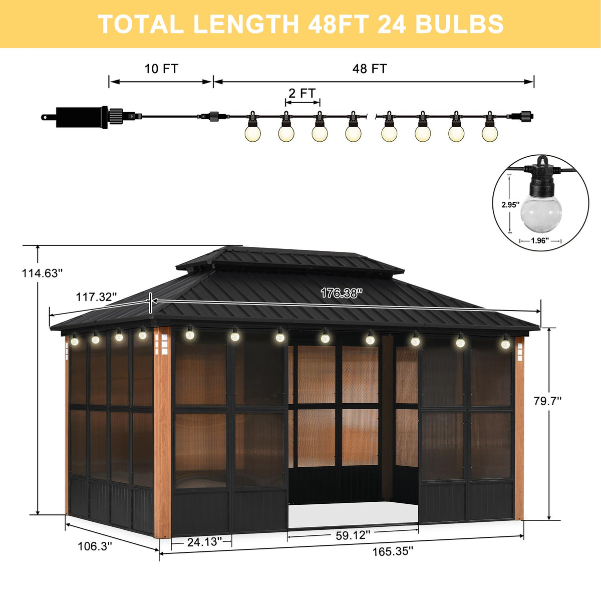 PURPLE LEAF – Pavillon-solarium à toit rigide avec colonnes effet bois, structure noire, double toit en acier galvanisé et guirlande lumineuse