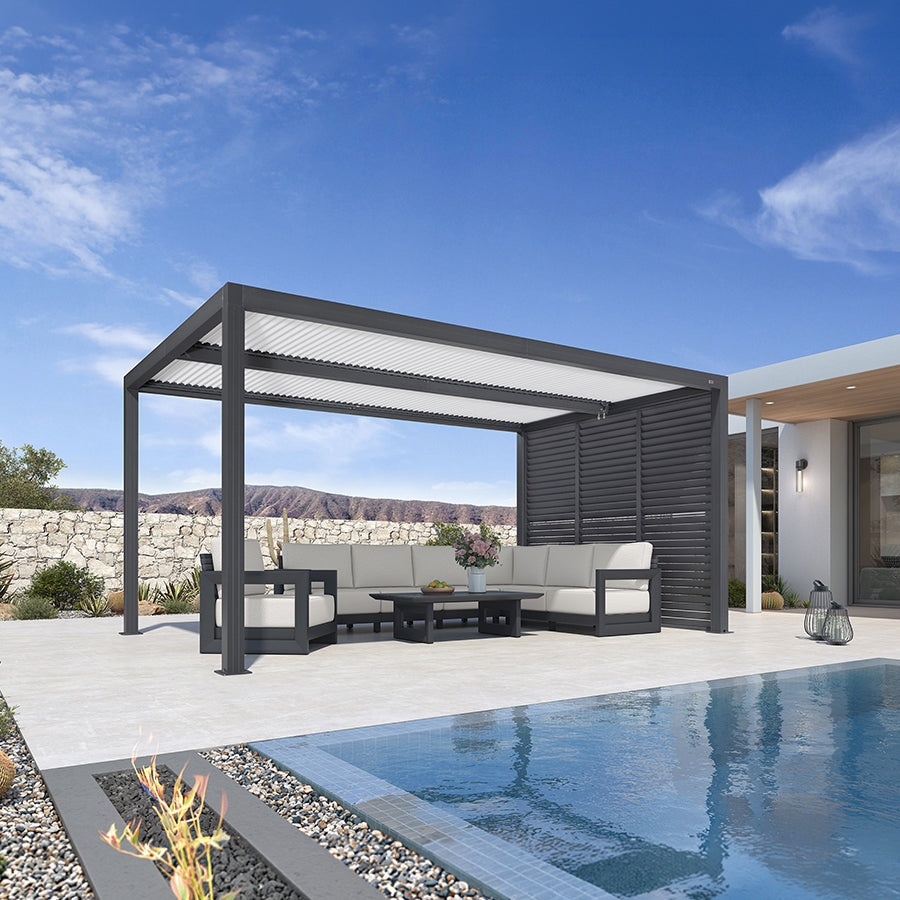 PURPLE LEAF Athena – Pergola extérieure grise en aluminium à lames orientables avec paroi à volets, réglable et étanche à la pluie