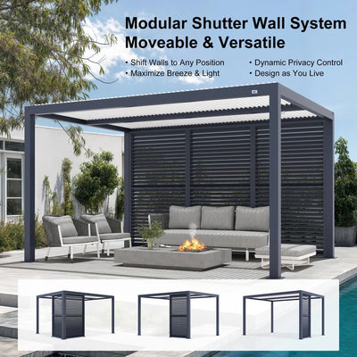 PURPLE LEAF Athena – Pergola extérieure grise en aluminium à lames orientables avec paroi à volets, réglable et étanche à la pluie