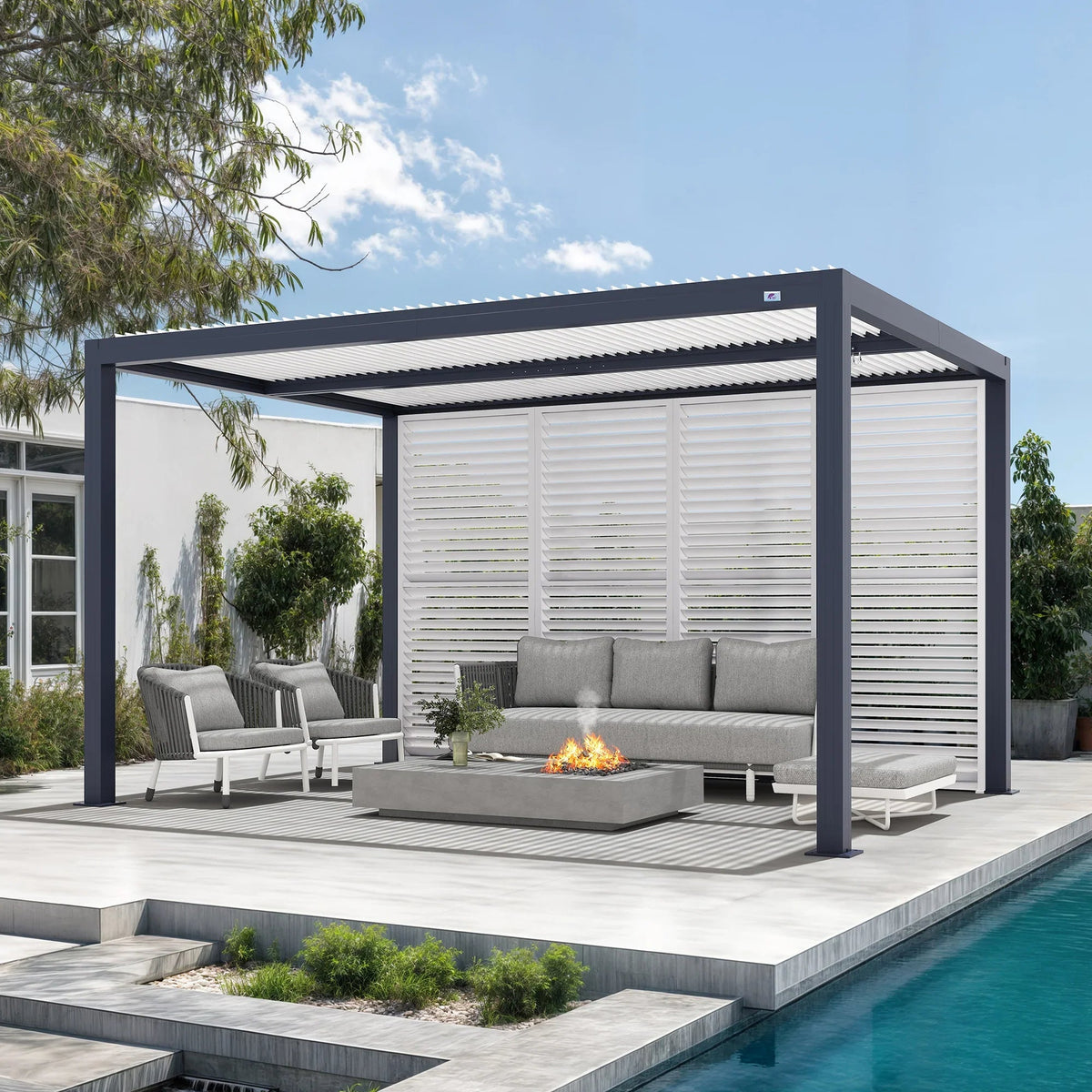 PURPLE LEAF Athena – Pergola extérieure grise en aluminium à lames orientables avec paroi à volets, réglable et étanche à la pluie