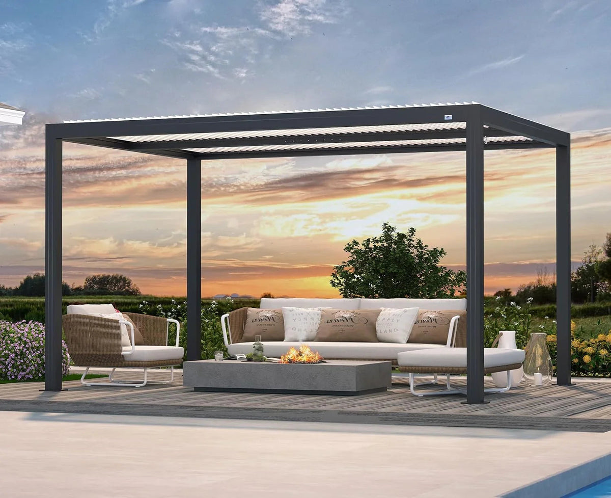 PURPLE LEAF Athena – Pergola moderne grise à lames orientables avec toit blanc pour terrasse et jardin