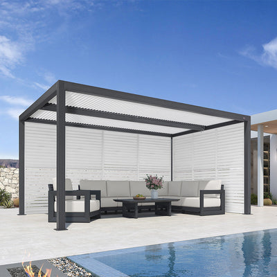 PURPLE LEAF Athena – Pergola extérieure grise en aluminium à lames orientables avec paroi à volets, réglable et étanche à la pluie