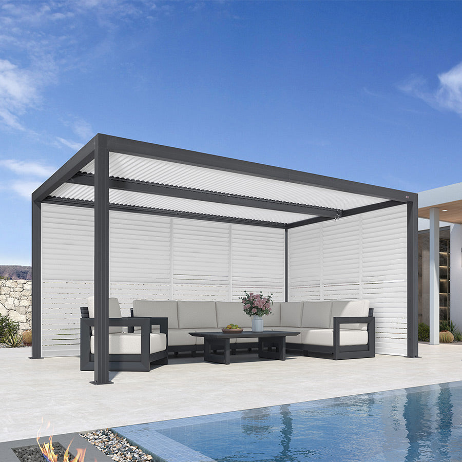 PURPLE LEAF Athena – Pergola extérieure grise en aluminium à lames orientables avec paroi à volets, réglable et étanche à la pluie