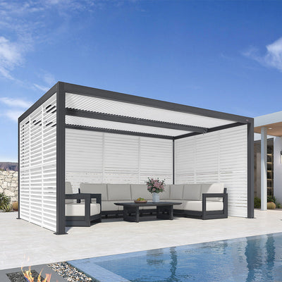 PURPLE LEAF Athena – Pergola extérieure grise en aluminium à lames orientables avec paroi à volets, réglable et étanche à la pluie