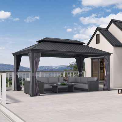 PURPLE LEAF – Pavillon de terrasse pour jardin, toit rigide gris en acier galvanisé avec rideau amélioré