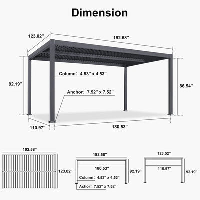 PURPLE LEAF Caesar – Pergola extérieure à lames orientables avec toit rigide réglable, gris