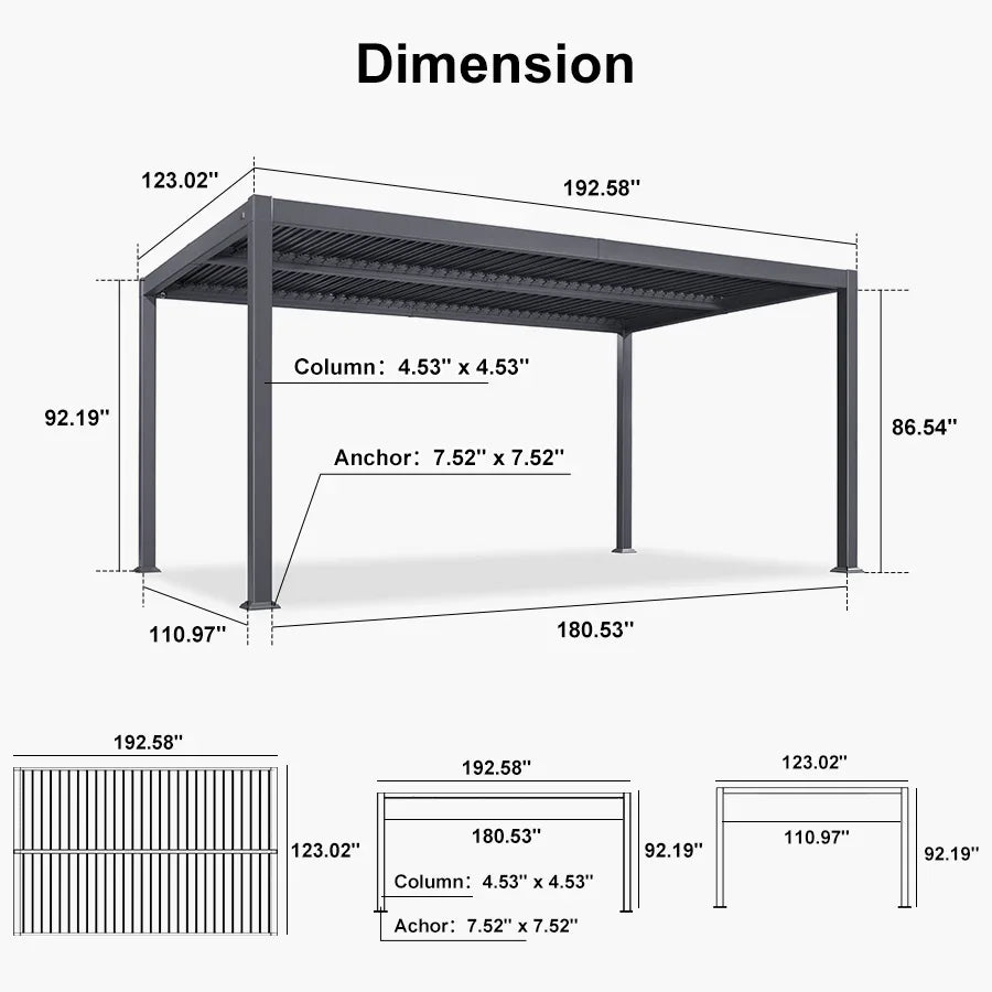 PURPLE LEAF Caesar – Pergola extérieure à lames orientables avec toit rigide réglable, gris