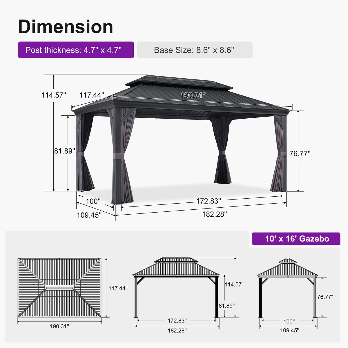 PURPLE LEAF – Pavillon de terrasse pour jardin, toit rigide gris en acier galvanisé avec rideau amélioré