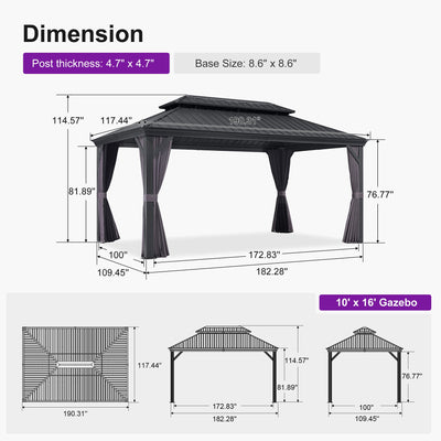 PURPLE LEAF – Pavillon de terrasse pour jardin, toit rigide gris en acier galvanisé avec rideau amélioré