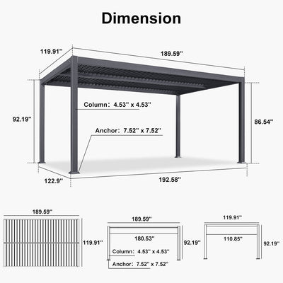 PURPLE LEAF Caesar – Pergola extérieure à lames orientables avec toit rigide réglable, gris